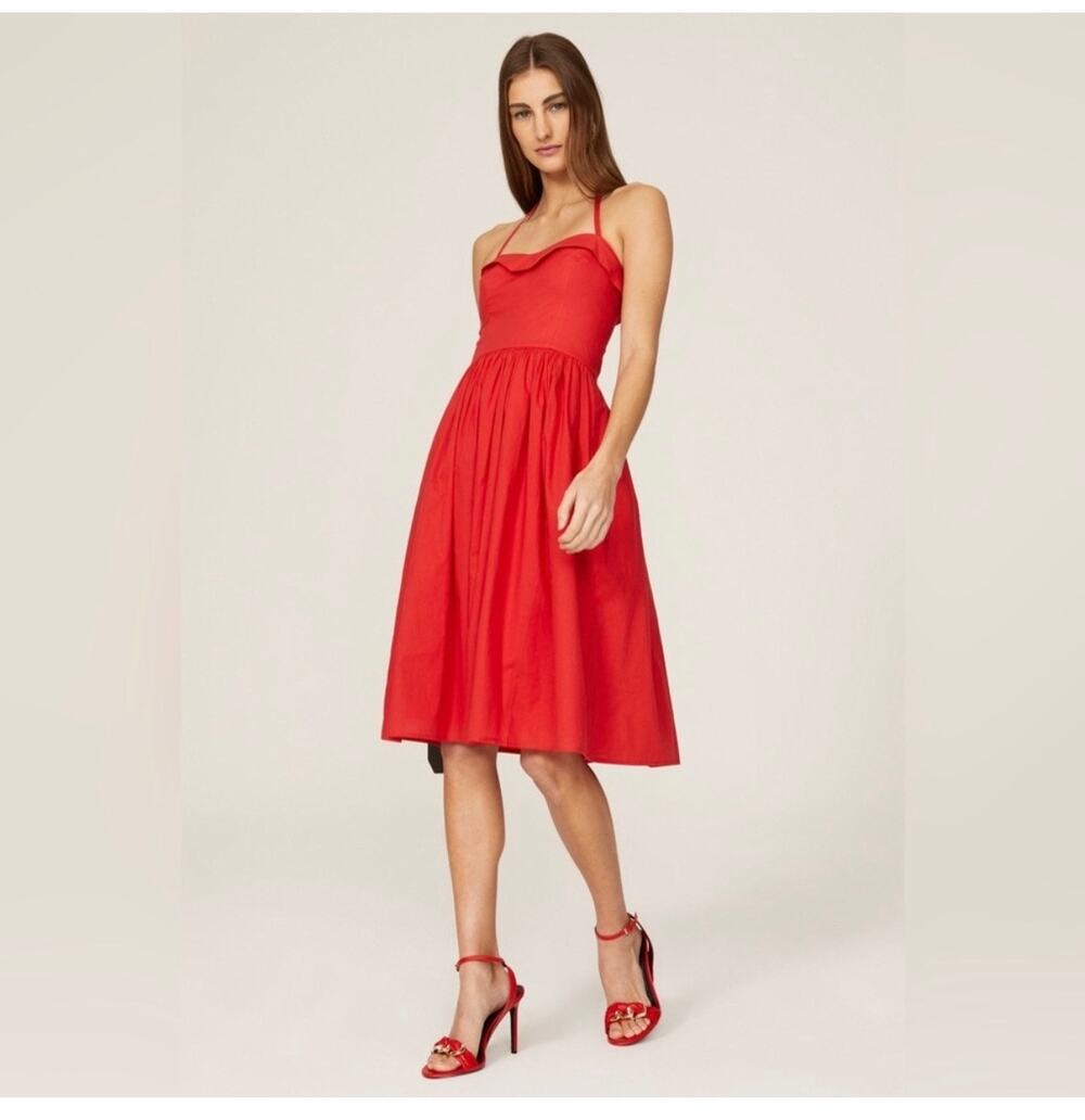 Esteban Cortazar Red Cotton Pleated Aline Halter Mini Dress Size 8
